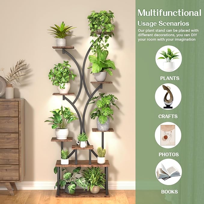 REFGY 65 inch Plant Stand Indoor with Grow Lights, 9 Tiered Metal Plant Stands Indoor, Tall Plant Shelf for Multiple Plants, for Living Room, Patio Balcony or Office (Rustic Brown)