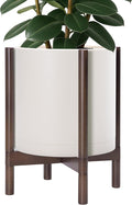 D'vine Dev Planter Pot with Stand - 14 Inch Plastic Cylinder Flower Pot with Wood Planter Holder for Indoor, Oatmeal Pot + Walnut Color Stand, 55-C-R-3