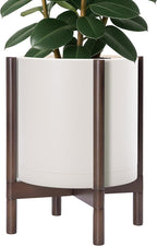 D'vine Dev Planter Pot with Stand - 14 Inch Plastic Cylinder Flower Pot with Wood Planter Holder for Indoor, Oatmeal Pot + Walnut Color Stand, 55-C-R-3