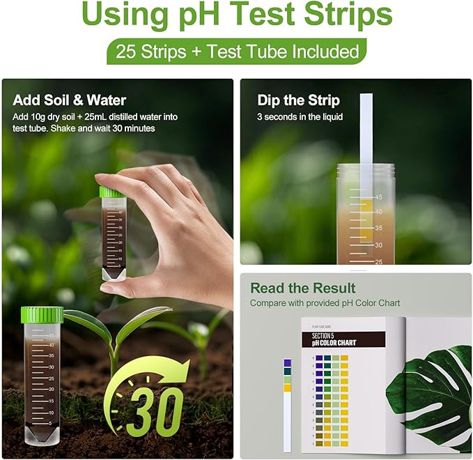 Soil Moisture Meter for Plants – Includes 200+ Houseplants Guide (Letter Size), 25 pH Test Strips & Sample Tube. Water Gauge for Indoor & Outdoor Plants.