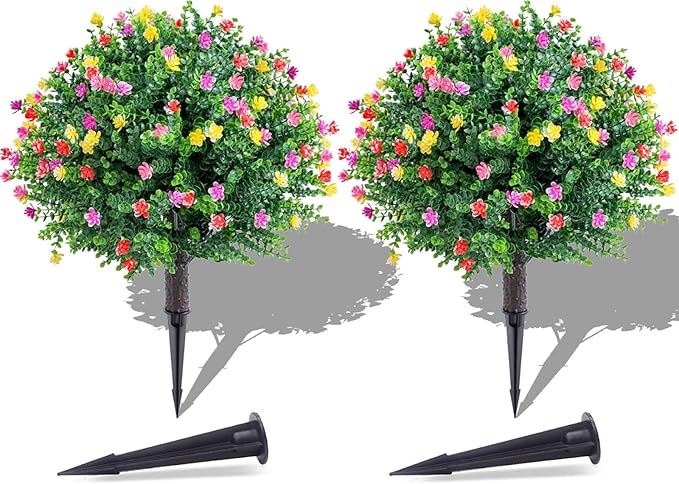 PATIO CHOICE Topiary Trees Artificial Outdoor Boxwood Ball Trees with Ground Spike Set of 2 22" Fake Outdoor Plants Faux Bushes and Shrubs Decorations for Outdoor Indoor Front Porch Garden
