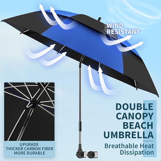 48.6" Double Canopy Beach Umbrella with Clamp, UPF50+ Beach Chair Umbrella with clip, 360°Adjustable Portable Outdoor Wheelchair, Patio, Golf Carts,Camping(Blue/Black)