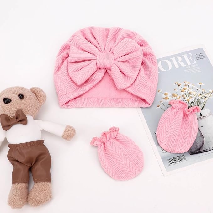 BQUBO Baby Turban Hats and Mittens Set Newborn Infant Hospital Hats Caps with Bows for Baby Boys Girls 0-12 Months