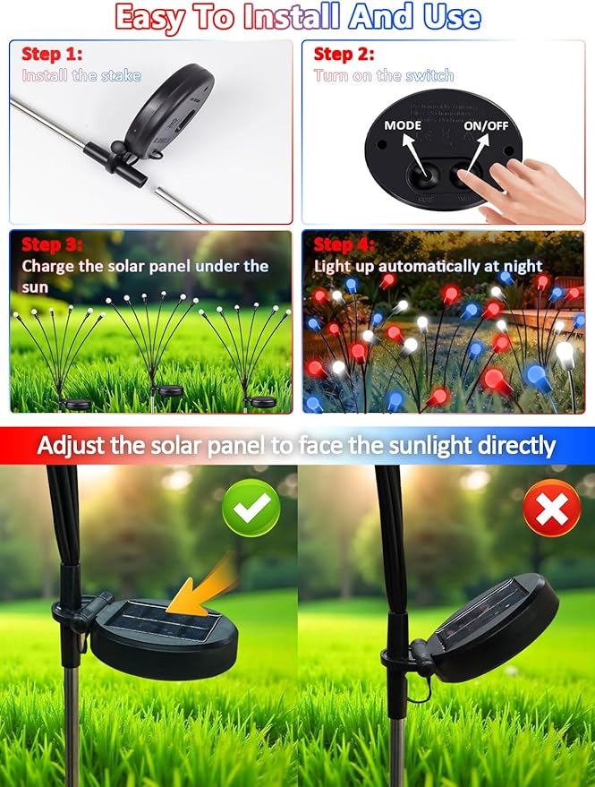 Upgraded 8 Pack Red White and Blue Solar Firefly Lights, 4th of July Solar Lights Patriotic Garden Lights Waterproof for 250th Anniversary National Day, Independence Day, Yard, Patio, Lawn Decorations