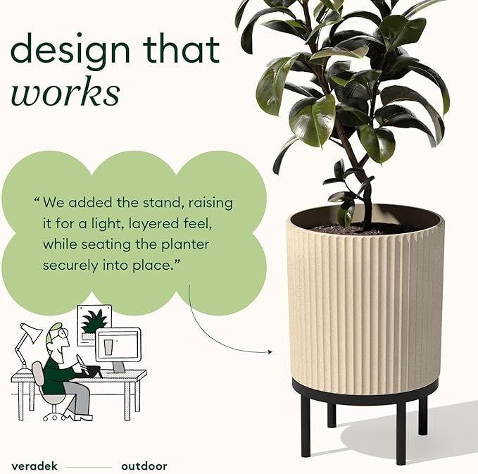 Veradek Demi Series Round Planter w/Stand for Porch/Patio | Durable Plastic-Stone Composite & Wooden Stand | Modern Décor for Tall Plants, Flowers