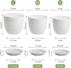 WSMKSZ 10/9/8 inch Medium Plant Pots, Set of 3 Modern Decorative Plastic Planters with Drainage Holes and Saucers for Garden House Plants, Flower Pots for Indoor Outdoor Plants, Speckled White