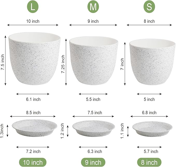 WSMKSZ 10/9/8 inch Medium Plant Pots, Set of 3 Modern Decorative Plastic Planters with Drainage Holes and Saucers for Garden House Plants, Flower Pots for Indoor Outdoor Plants, Speckled White
