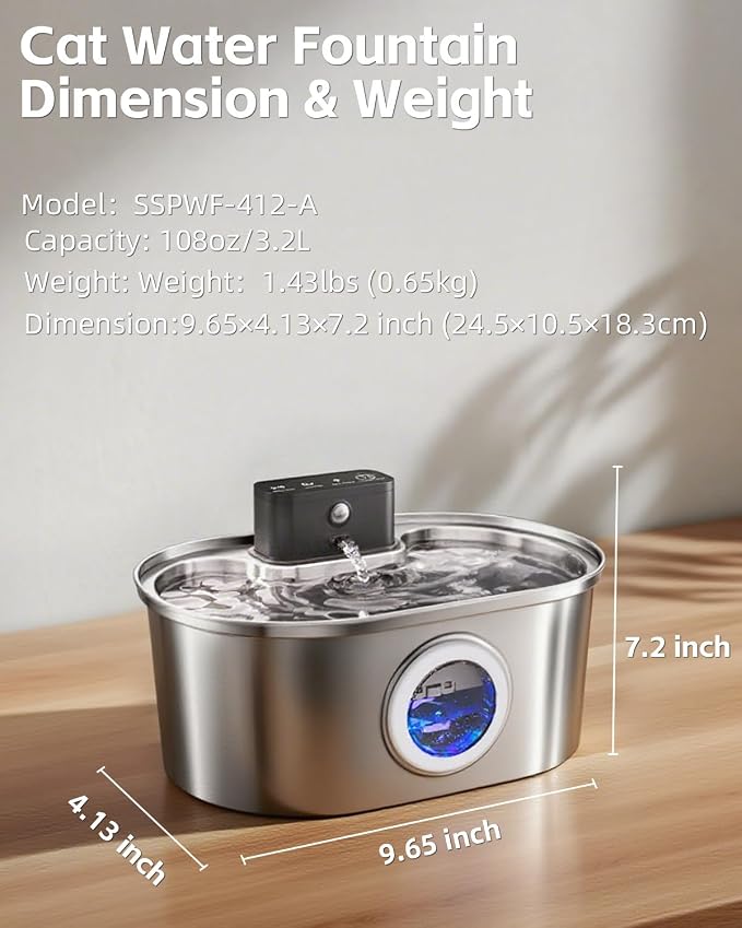 Wireless Cat Water Fountain Stainless Steel, Pet Drinking Fountain Cordless – 3.2L/108oz Battery Operated Automatic Water Dispenser for Cats Indoor, with Motion Sensor & Quiet Pump (1 Filter)