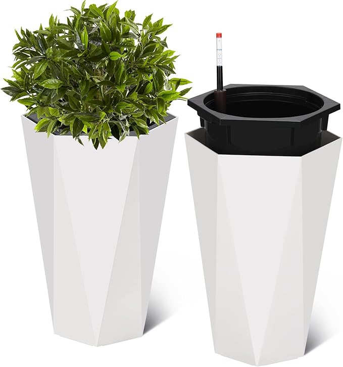 22.4 Inch Tall Planters for Outdoor Indoor Plants Set of 2, Tapered Large Flower Pots with 2 Trays and a Water Level Monitor Planter Pots, Plant Pot for Patio, Balcony, Lounge