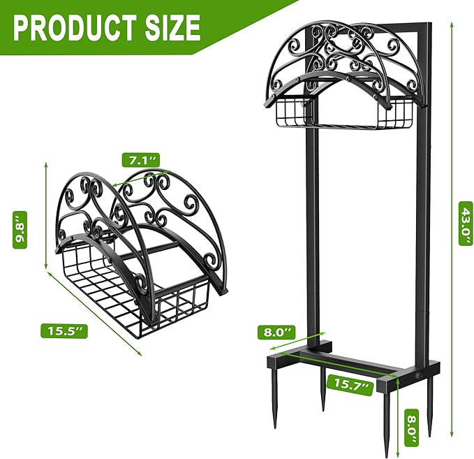 Gayuteay Garden Hose Holder – Water Hose Reel Stand with Storage Basket Holds 151ft, Heavy Duty Freestanding Garden Hanger Storage Rack for Outside Yard Lawn Farm