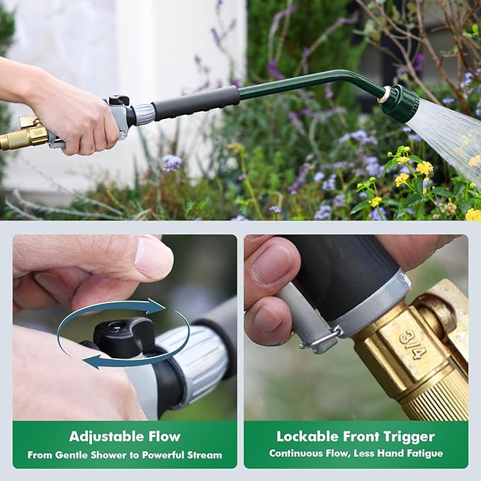 RESTMO Long Watering Wand, 24 Inches Gentle Soft Full Shower Sprayer Wand with Flow Control, Heavy Duty Metal Hose Wand for Hanging Baskets, Shrubs, Plants, Flowers, Garden and Lawn, Green