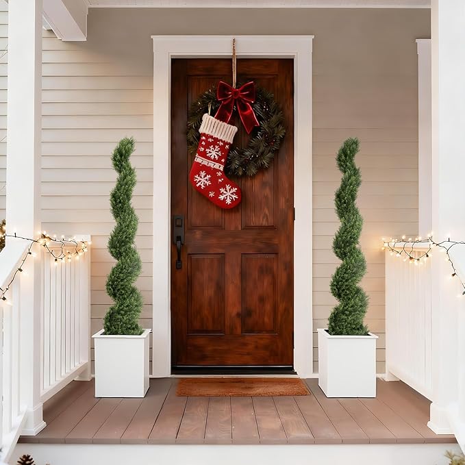 THE BLOOM TIMES 5ft Artificial Topiary Trees Set of 2, Faux Cedar Cypress Spiral Topiary Trees Outdoor - Fake Plants for Garden Front Porch Indoor Outside Planter Decor 5 Foot
