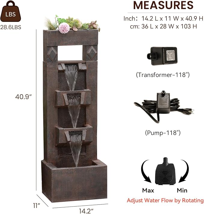 Bumilgar 40.9" H 4-Tier Indoor/Outdoor Modern Water Fountain with Led Lights and Pump, Outdoor Freestanding Cascading Waterfall - Suitable for Garden, Patio, Porch, Yard and Outdoor Decor (Brown)