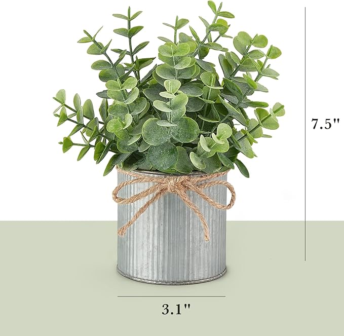 Mkono 2 Packs Small Fake Plants in Farmhouse Galvanized Pots Table Centerpiece Mini Faux Eucalyptus Potted Artificial Plants for Bathroom Shelf Room Rustic Home Decor