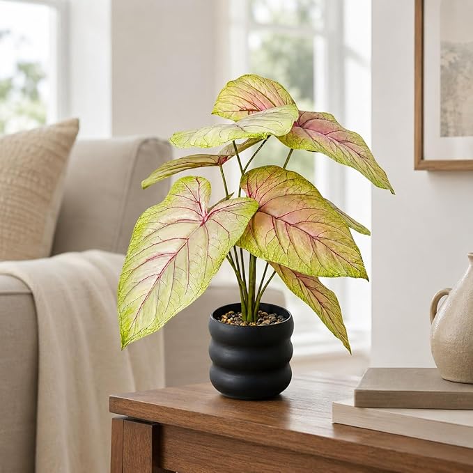 16'' Fake Plant Tall Artificial Caladium Plants Indoor with Black Planter Design, for Home Living Rooms Patios Porches Bathrooms Outdoor Decor (Red)