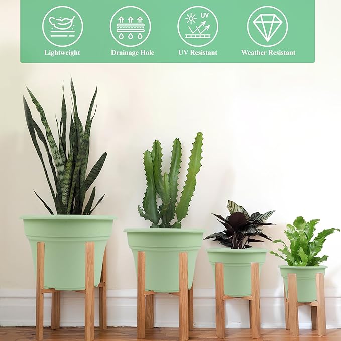 Pottiffe 13 Inch Plastic-Flower-Pot-for-Indoor-Plants, 4 Pack Large Outdoor Planter Pot with Drainage Holes & Saucers, Resin Decorative Garden Pots Planters