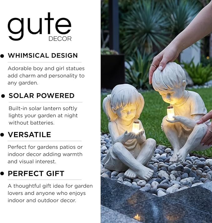 Large Garden Children Statues Light Up Firefly Jar Solar Powered | Set of 2 Figurines | Girl & Boy Garden Yard Art Décor, Indoor & Outdoor Ornament Gifts for Lawn, Patio , 7.5" W x11. 8”H Cream Gift