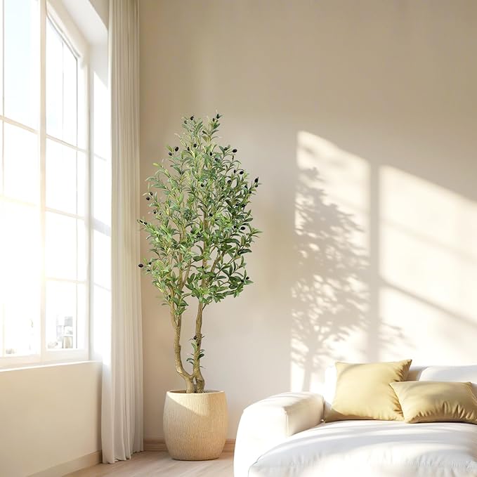 HZXGCP Olive Tree 5ft, Artificial Olive Tree with White Pot, Fake Tree with 1152 Dense Leaves & 64 High-Simulated Olive Fruits - Easy Assembly, Low Maintenance (Olive Tree 5ft)