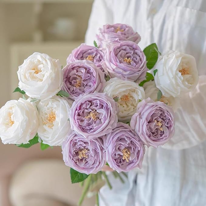 DUYONE Fake Flowers for Decoration Home Decor Artificial Flowers Austin Rose Peony Latex Fake Flower Living Room Decoration Vivid Pink Roses Peonies (Light Purple 4pcs)