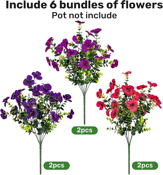 17 Inch Artificial Faux Pansy Flowers for Outdoor,Fake Pansies Flowers with Eucalyptus Leaves Fake Plants Greenery Boxwood Porch Patio Decor 6 Bundles(Dark Purple,Magenta,Dark Rose)