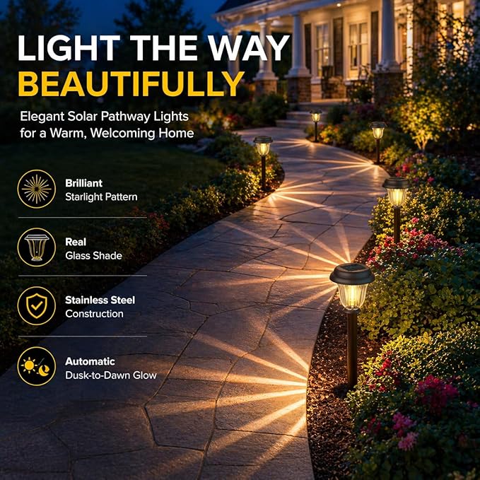 DERAYSION 8 Pack Solar Lights Outdoor, Stainless Steel Glass Solar Pathway Lights, Auto On/Off Long-Lasting Waterproof Garden Lights for Landscape, Path, Yard, Driveway, Walkway Decor (Warm White)