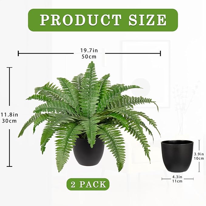 Hollyone 2Pcs Fake Fern Potted Plant 17.7" Small Artificial Boston Ferns in Pot 25 Leaves for Outdoors & Indoor Faux Fern Bush Plant for Patio Garden Farmhouse Windowsill Office Living Room Home Decor