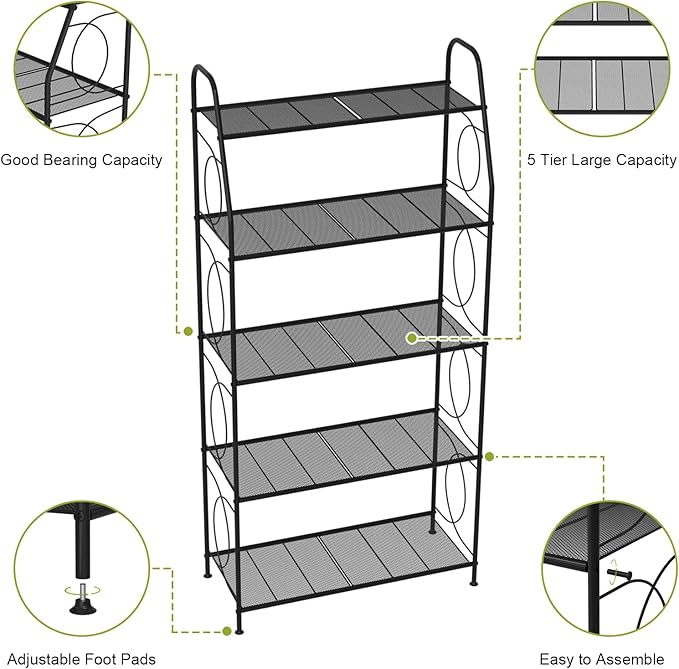 VyGrow 5 Tier Plant Stand Indoor Outdoor, Heavy Duty Plant Shelf, Metal Mesh Tall Plant Stands Holder Rack for Living Room Balcony and Garden, Black