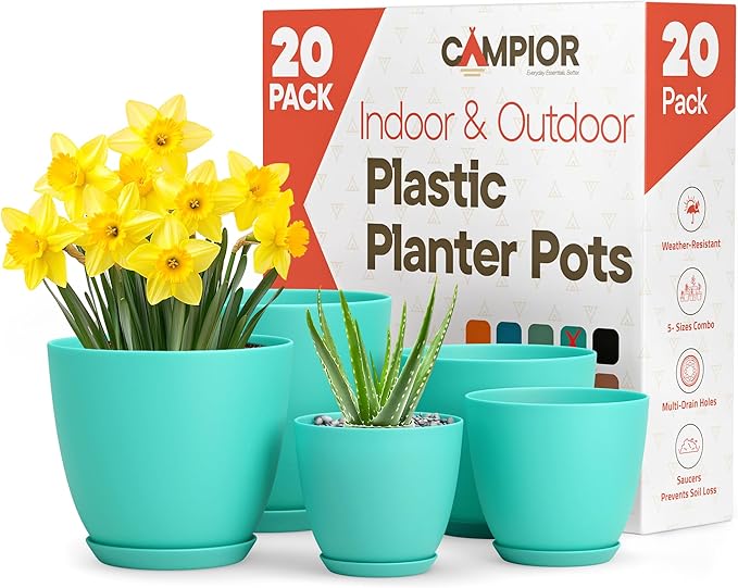 Planter Pots with Drainage Holes - Lightweight, Durable, and Space-Saving Pots for Indoor and Outdoor - Versatile Functionality, Simple Modern Design, Set of 20 Plastic Planter Pots - Aqua