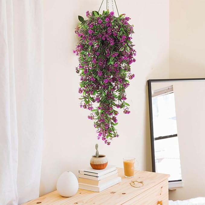 RECUTMS 2Pcs Artificial Hanging Flower Greenery Plants Faux Greenery Artificial Plants for Outdoors Hanging Basket Plastic Home Garden Wedding Party Decorations(Fuchsia)