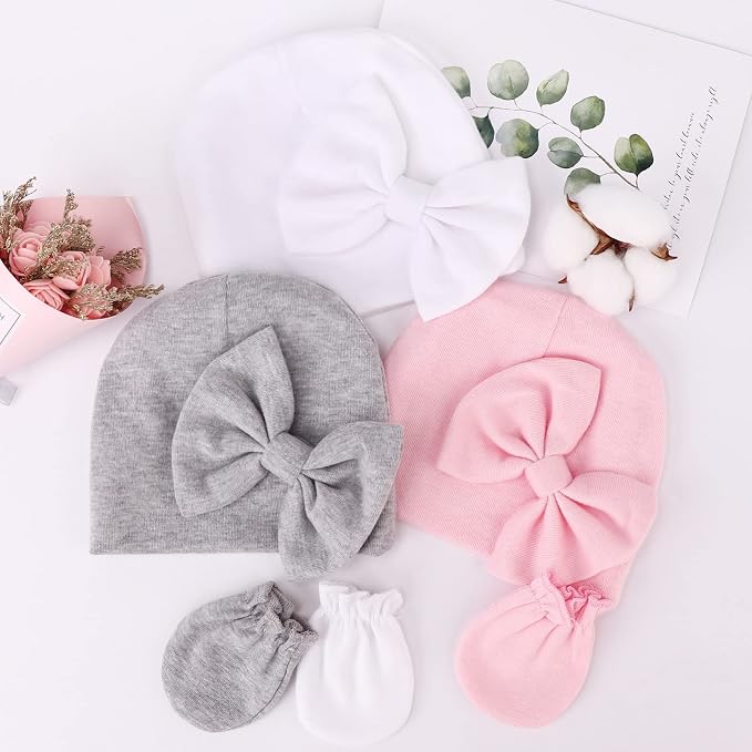 BQUBO Baby Turban Hats and Mittens Set Newborn Infant Hospital Hats Caps with Bows for Baby Boys Girls 0-12 Months
