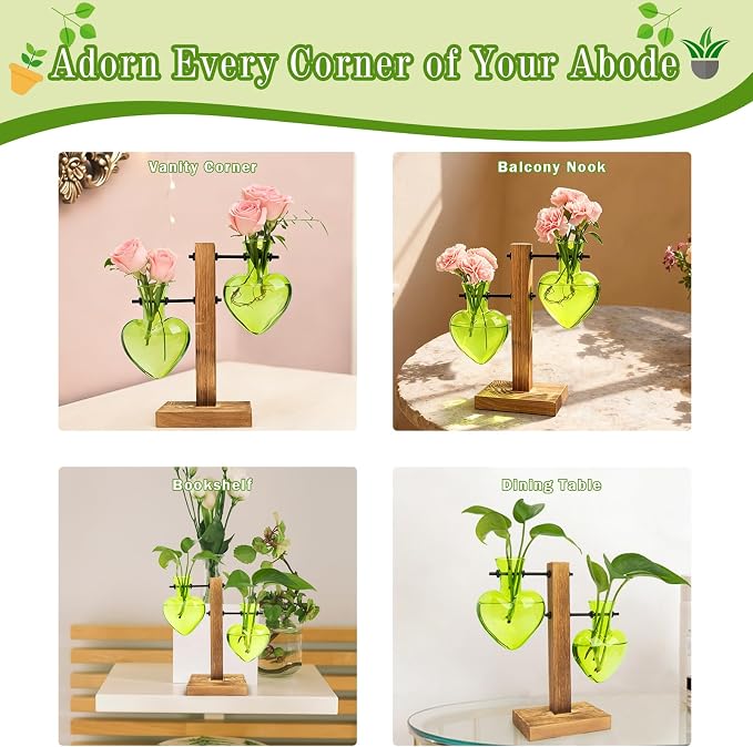 XXXFLOWER Plant Terrarium Propagation Station, Gifts for Mom Daughter Wife Plant Lover, Hydroponic Planter Bulb for Home Office Garden Decoration - 2 Green Love Bulb Vase with Wooden Stand