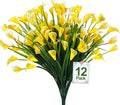 TURNMEON 12 Bundles Calla Lily (240 Heads) Artificial Flowers for Outdoors, Fake Plants UV Resistant Faux Plastic Fake Flowers for Indoor Planter Home Porch Yards Spring Summer Cemetery Decor(Yellow)