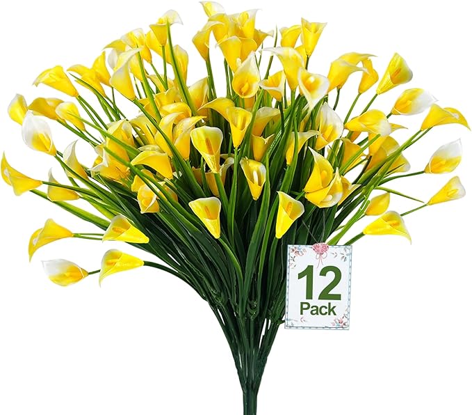 TURNMEON 12 Bundles Calla Lily (240 Heads) Artificial Flowers for Outdoors, Fake Plants UV Resistant Faux Plastic Fake Flowers for Indoor Planter Home Porch Yards Spring Summer Cemetery Decor(Yellow)