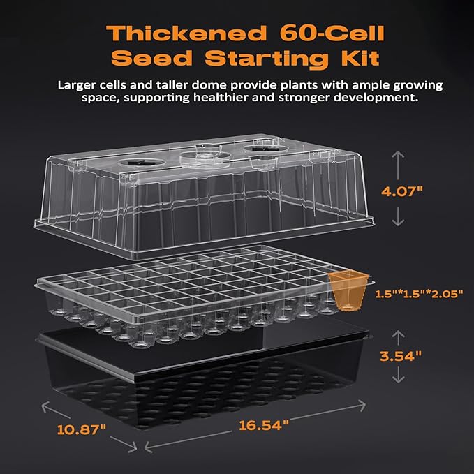 Patigrow 60-Cell Self-Watering Seed Starter Tray with Grow Light, Seed Starter Kit with 4.07” Humidity Dome, Indoor Seedling Starter Tray, Seed Starting Trays for Plant Germination, Seeds Growing