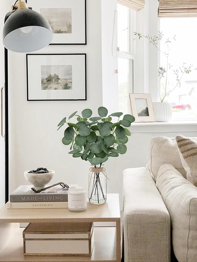 Bessol Artificial Eucalyptus Stems in Glass Vase 14" 6Pcs Faux Eucalyptus Branches Home Table Decor Fake Greenery Plants Stems for Farmhouse Wedding Centerpiece Bathroom Decorations