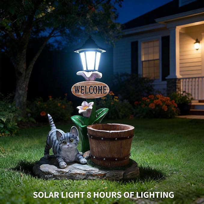 Animal Outdoor Statue Planter Solar Light Welcome Garden Sculpture Resin Flower Pot Decorative Porch Patio Yard Lawn Entryway Figurine with LED Lamp Rustic Plant Holder Ornament Courtyard (F)