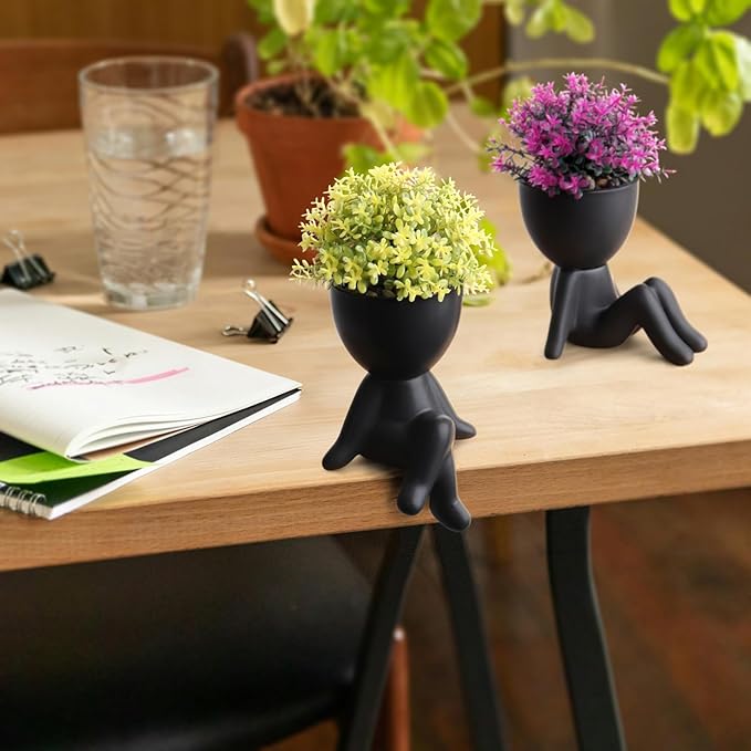 Zerzsy 4 Pack Cute Small Fake Plants with Creative Human Shaped Pots, Fake Plants Artificial Greenery Potted for Home Decor Indoor Shelf Desk Tabletop (Black)
