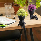 Zerzsy 4 Pack Cute Small Fake Plants with Creative Human Shaped Pots, Fake Plants Artificial Greenery Potted for Home Decor Indoor Shelf Desk Tabletop (Black)