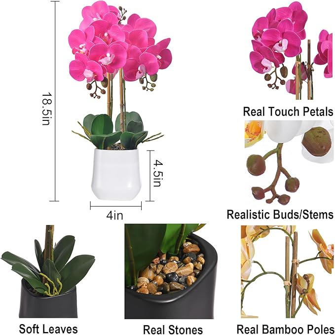 Orchids Artificial Plant in Ceramic Pot 18.5" Faux Orchid Phalaenopsis Flowers Arrangement for Home Office Table Centerpiece Indoor Decor, Fuchsia