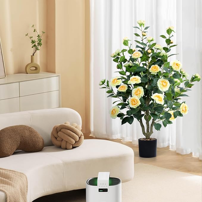 Artificial Camellia Tree 2 Pack 42" Faux Camellia Plant in Pot with 32 Blooming Flowers Fake Flower Tree Greenery Potted Plant for Indoor Outdoor Office Home Porch Decor Yellow
