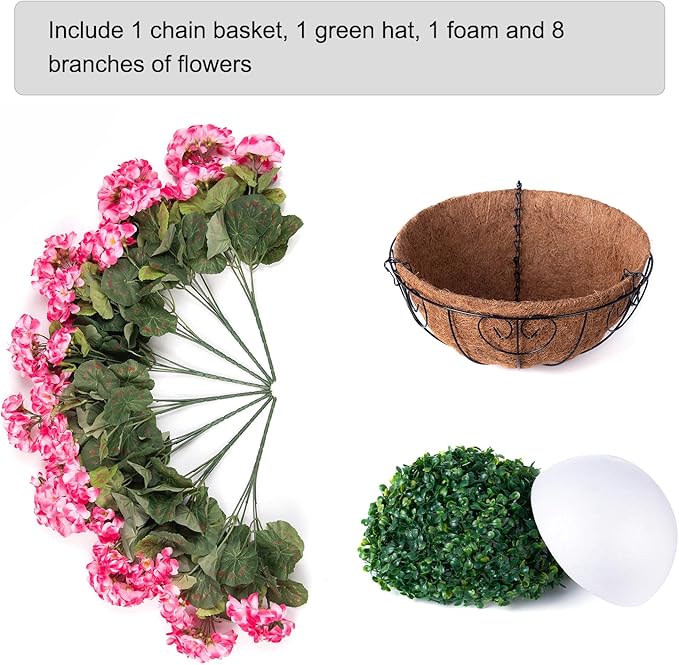 INSPRING Geraniums Artificial Flowers Hanging Basket for Outdoors Outside Spring Decoration, 8 Bundles Silk Flowers Fake Plants Look Real UV Resistant for Porch Home Patio Balcony Yard, Pink