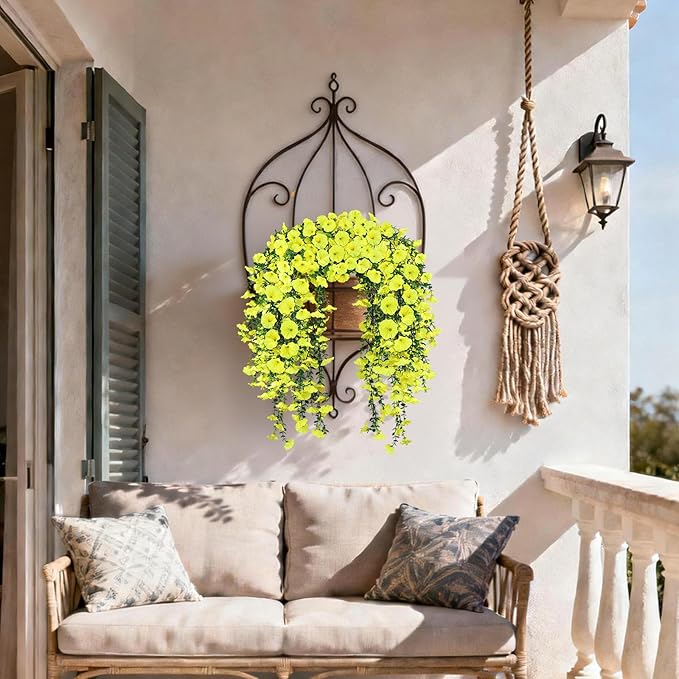 Artificial Hanging Flowers for Outdoors, 2 PCS 300 Blooms UV Resistant Morning Glory Faux Silk Vines, No-Odor Realistic Fake Plants for Garden Planter Porch Patio Decoration, Yellow