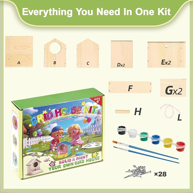 Bird House Kits for Kids Ages 4-8, Wooden DIY Birdhouse Kit, Outdoor Woodworking Crafts Freestyle Painting, Bird Houses for Outside with Paints & Brushes, Boy Girl Gift Christmas(1Pcs)