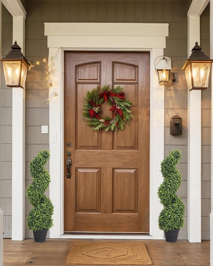 THE BLOOM TIMES 3ft Tall Spiral Topiary Trees Artificial Outdoor Set of 2, 36 Inch UV Resistant Large Faux Evergreen Fake Boxwood Plants for Front Porch Outside Planter Entryway Entrance Decor 3 Foot