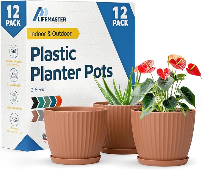 Terracotta 6-Inch Plant Pots with Drainage & Saucers 12 Pack, Indoor & Outdoor Planters for Houseplants, Herbs, and Flowers, Durable & Weatherproof Material, Stackable, Lightweight, Minimalist Design