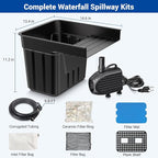 NFESOLAR Pond Waterfall Spillway Kit, Includes Waterfall Box, Filter Media, 1200GPH Water Pump and 10 FT Corrugated Tubing, for Ponds and Streams up to 3,000 Gallons N4332