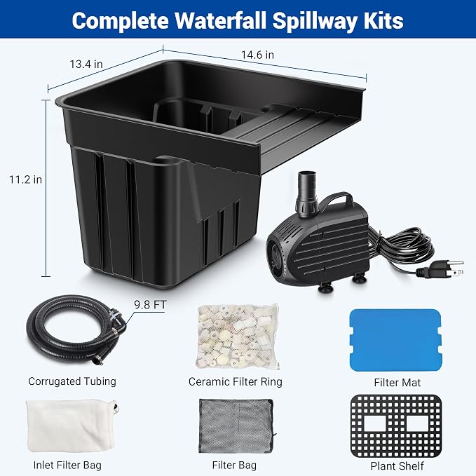 NFESOLAR Pond Waterfall Spillway Kit, Includes Waterfall Box, Filter Media, 1200GPH Water Pump and 10 FT Corrugated Tubing, for Ponds and Streams up to 3,000 Gallons N4332