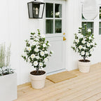 2 Pack 43.3"/3.6FT Artificial Camellia Tree Fake Outdoor Tree with 32 Blooming Flowers White Tree for Home Front Door Winter Christmas Indoor Decor (Including Faux Moss)