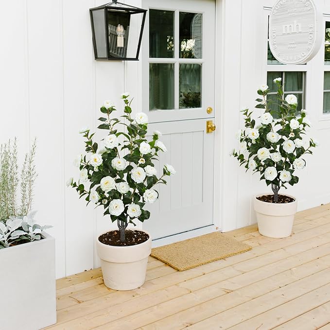 2 Pack 43.3"/3.6FT Artificial Camellia Tree Fake Outdoor Tree with 32 Blooming Flowers White Tree for Home Front Door Winter Christmas Indoor Decor (Including Faux Moss)
