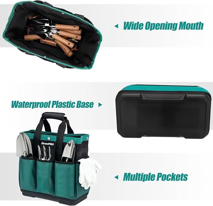GrenPRO Garden Tool Bag Molded Bottom, Heavy Duty Tool Tote Toolbox with 10 Pockets, Reinforced & Top Snap Closure for Gardening Tools Storage, Dark Green(Tools Not Included)